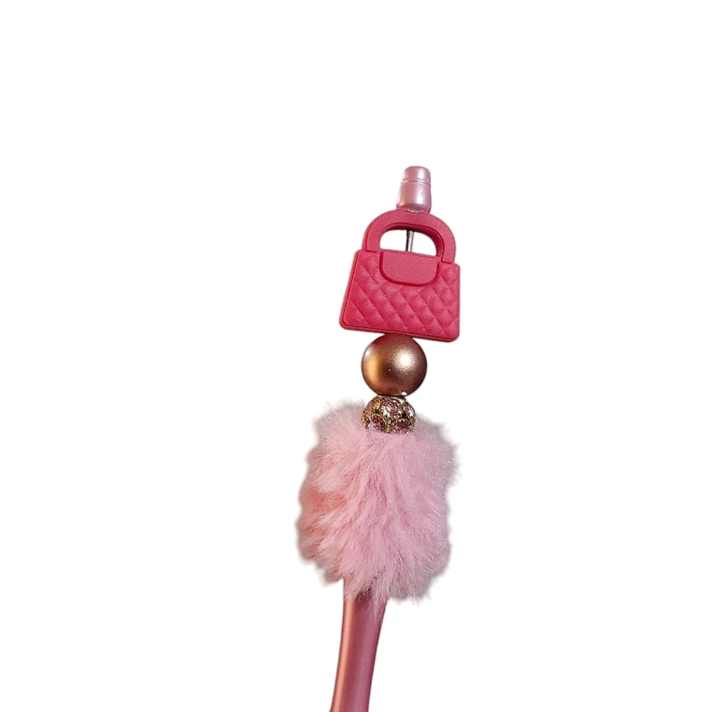 Fashion Fancy Mini Bag Fur Beaded Ballpoint Twist Pen Pink Topper